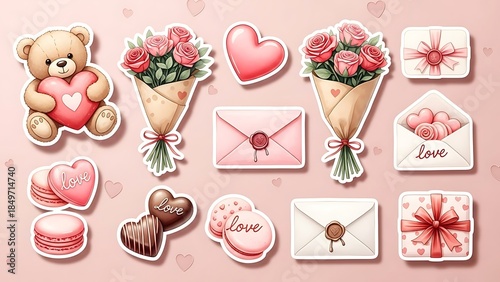 Adorable Valentine's Day themed sticker pack on a soft pink background. Includes a cute teddy bear, pink roses, hearts, love letters, macarons, and gift boxes. Ideal for romantic projects.