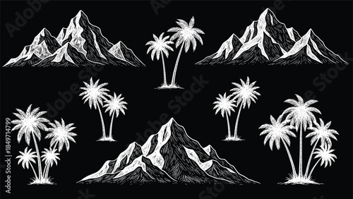 Mountain landscape with palm trees illustrated in a black and white graphic style