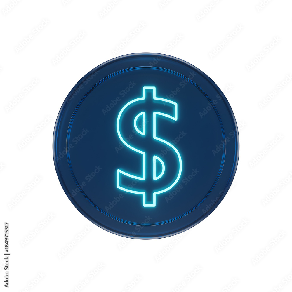 Obraz premium Neon Dollar Sign on Dark Blue Coin, Glowing Neon Effect, Isolated on transparent Background