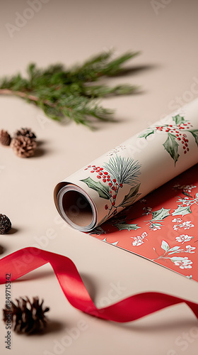 Christmas Wrapping Paper Roll with Floral Pattern Ribbon and Natural Winter Decor
