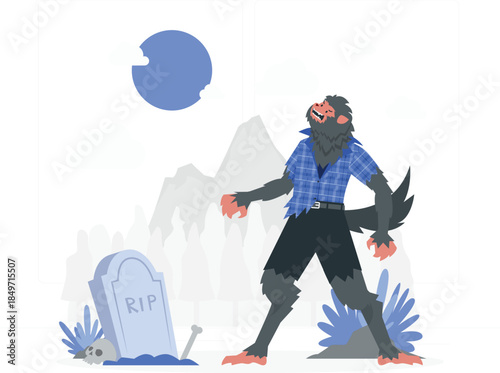Werewolf standing in front of tombstone in graveyard at night wolfman monster full moon