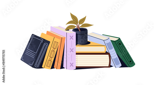 Pile of paper books and houseplant. Heap of educational and fiction literature for reading, learning. Textbooks, novels, stories are on bookshelf. Flat isolated vector illustration on white background