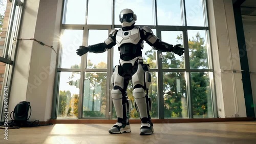 Futuristic Robot Dancing in a Sunlit Studio.
