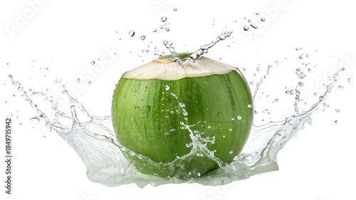 Fresh green coconut splash with water isolated on white background
