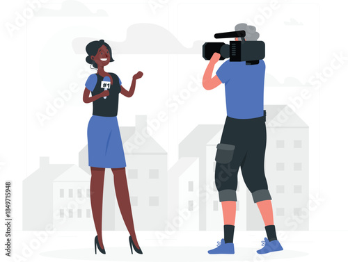 Woman being interviewed by cameraman in front of city skyline buildings