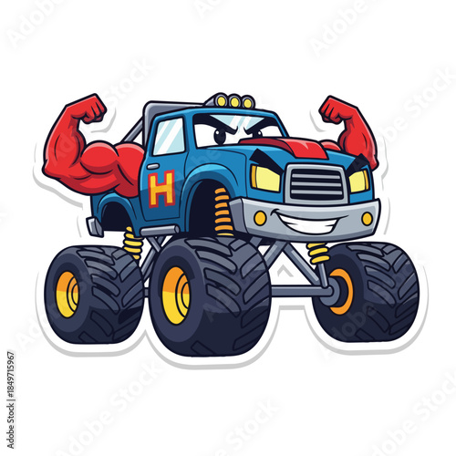 A cartoon monster truck vector with flexed red arms and a blue body featuring a large orange 'H' on the side, set against a clean white background with a playful and humorous mood.