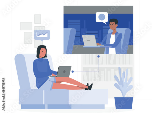 Woman calling on laptop while sitting on couch remote work