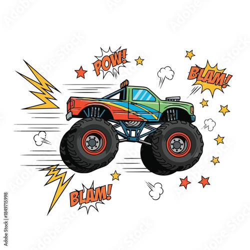 A colorful monster truck vector illustration with motion lines, explosion and boom effects in a comic book style on a white background.