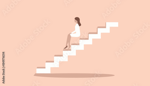 Woman sitting on a white staircase, looking forward, with a light pink background, representing contemplation and progress.