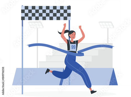 Woman crossing finish line with arms raised in celebration runner checkered flag blue ribbon