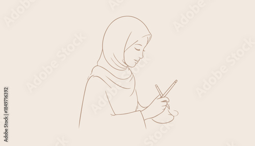 Minimalist line art illustration of a young Muslim woman wearing a hijab, engaged in the hobby of knitting or crocheting.