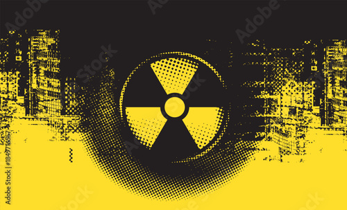 Vector banner on the theme of urbanism, street art, digital technologies. Reminds of a cross or a photo lens on the background of fragments of the urban landscape, pixels. Design of a T-shirt. No ai