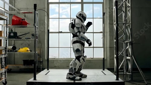 Robot in a lab environment, standing on a platform, ready for action.