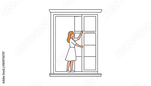Woman opening window illustration, fresh air and ventilation concept, clean environment, new day.