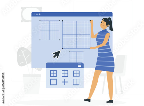 Woman designing website layout on large computer screen grid blue dress