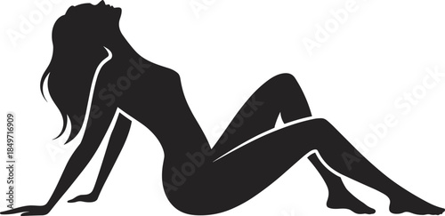Reclining woman silhouette pose, elegant seated figure, abstract feminine form, stylish body contour illustration, graphic design element, flat vector