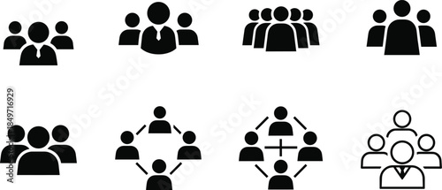 Black and white icons collection representing teamwork, leadership, collaboration, organizational structure, community, unity, professional groups, management, cooperation, communication.