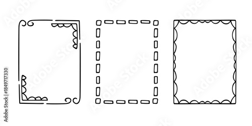 Rectangular doodle frame stamp set, hand-drawn original creative engagement monograms. Edgings cadres with graphic elements, design photo decoration greeting cadres. Isolated. Vector illustration
