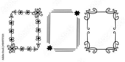 Rectangular doodle frame stamp set, hand-drawn original creative engagement monograms. Edgings cadres with graphic elements, design photo decoration greeting cadres. Isolated. Vector illustration