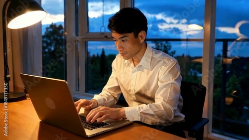 Man Working on Laptop at Desk with Lamp at Night.