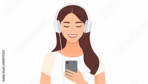 Young woman enjoying music through headphones while holding smartphone, eyes closed in peaceful relaxation.