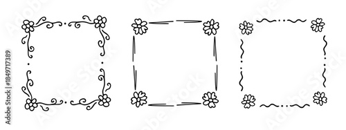 Square doodle frame stamp set, hand-drawn original creative engagement monograms. Edgings cadres with graphic elements, design photo decoration greeting cadres. Isolated. Vector illustration