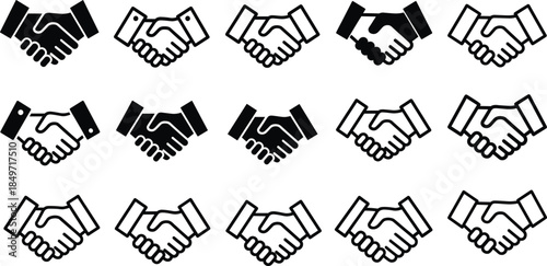 Collection of handshake icons symbolizing agreement, partnership, cooperation, unity, business collaboration, trust, solidarity, friendship, teamwork, communication.