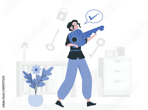 Woman holding large blue key with checkmark large key desi