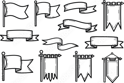 Flags and Banners Collection. Waving Poles, Hanging Ribbons, Decorative Finials, Ornate Designs, Heraldry Symbols, Black-and-White Vector Graphic Set
