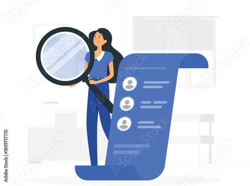 Woman holding magnifying glass looking at large document with blue outfit office background d