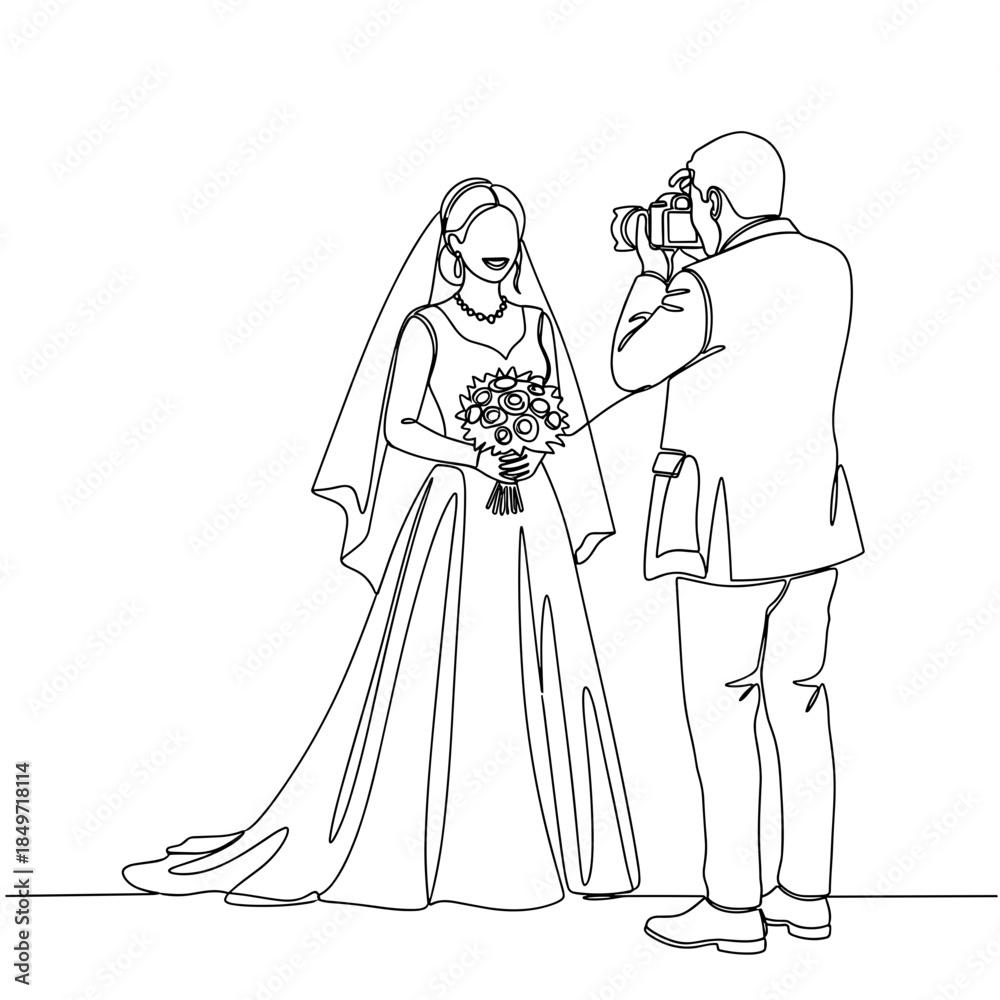 Fototapeta premium Bride smiling for photographer continuous line art elegant bride in long wedding dress posing with bouquet, professional photographer with camera, minimal bridal photo shoot illustration