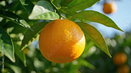 Close up of a ripe orange hanging from a branch surrounded by green leaves on a sunny day