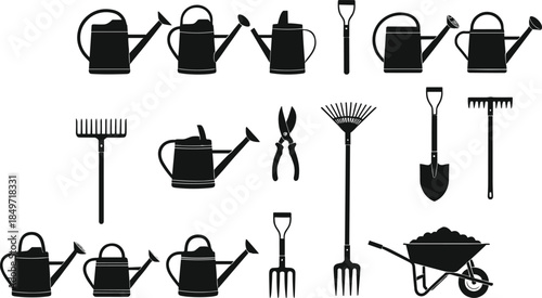 Gardening tool silhouettes, black icons, watering cans, pruning shears, rakes, shovels, pitchfork, wheelbarrow, soil tools, landscaping equipment, vector set