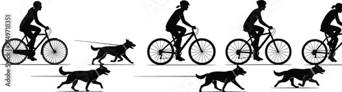 Cyclists riding with running dogs, motion speed comparison, athletic activity silhouette, dynamic movement illustration, outdoor exercise concept design, flat vector