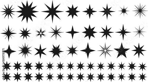Starburst silhouette collection, black radial shapes, graphic design icons, symmetrical bursts, decorative elements, vector starburst set, abstract sunburst motifs