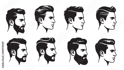 nine black and white male head silhouette illustrations