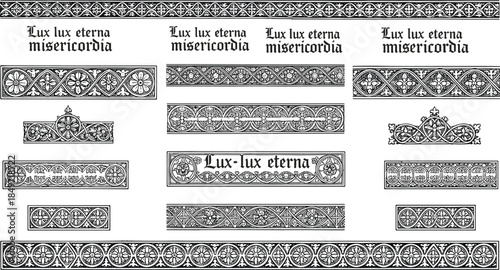Gothic border illustration, ornate Latin text, medieval decorative panel, floral pattern, religious motif, eternal light, mercy, sacred art, cross symbol
