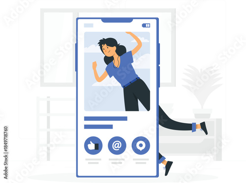 Woman in blue shirt and black pants jumping out of smartphone screen with social media interface des