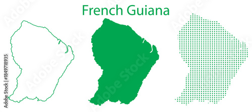 French Guiana Map Vector Set, South America Outline Silhouette Dotted Green Shapes, French Guiana Territory Infographic Template, Editable EPS French Guiana Geography