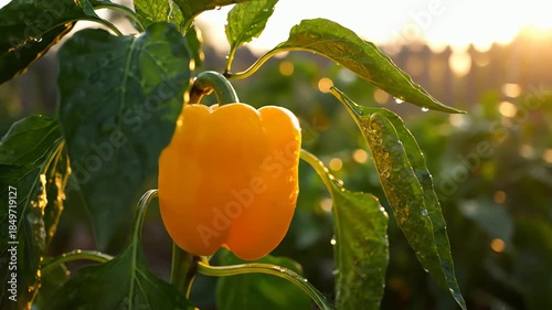 Bright yellow bell pepper ripens on the vine with water droplets in warm morning sunlight