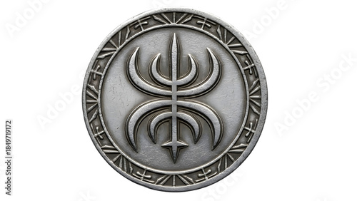 Ancient silver brooch with trident design isolated on transparent background