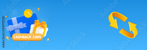 3d white gift box with coupon card, cashback concept. Horizontal banner for promotion. Stock vector illustration on blue isolated background.