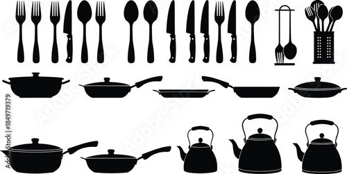 Kitchen utensil silhouettes, cookware tools, black icons, pots and pans, spatula, ladle, knife set, grater, kettle, cutlery, cooking gear