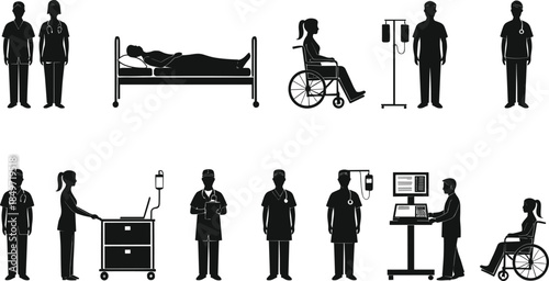 Healthcare professionals, hospital staff, patient care, medical teamwork, nurse and doctor silhouettes, hospital equipment, wheelchair, IV drip, computer station, hospital bed