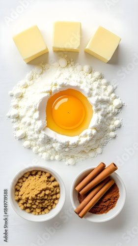 Rustic Baking Ingredients Arrangement on White Wood Surface 