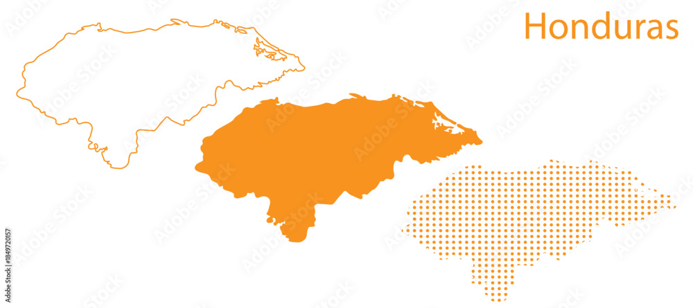 Fototapeta premium Honduras Map Vector Set, Central America Outline Silhouette Dotted Orange Shapes, Honduras Country Infographic Template, Editable EPS Honduras Geography