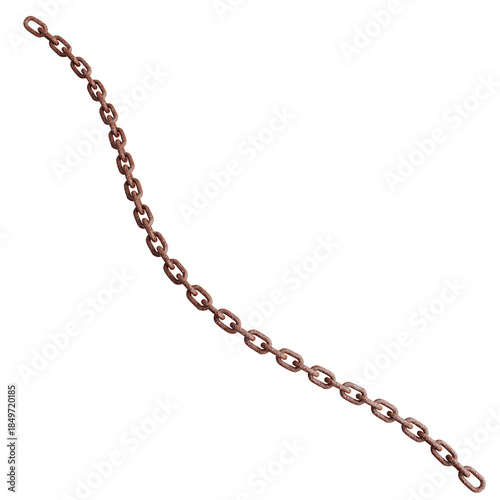 Long thin wavy rusty metal chain isolated