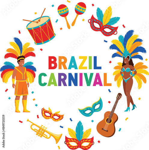 Brazil Carnival celebration elements with samba dancers and instruments