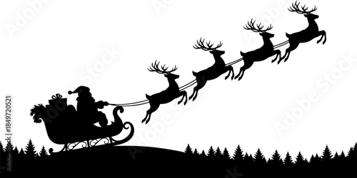 Santa Reindeer Sleigh Vector Silhouette Illustration
