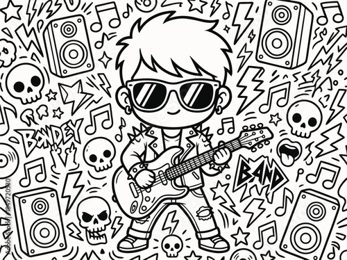 Chibi Rock Star Playing Guitar with Skulls and Music Notes.